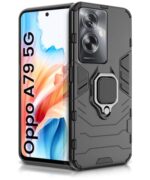 kelpuj Shock Proof Back Case Mobile Cover for Oppo A79 5G | Back Cover Case (Tough Armor | Hybrid PC + TPU | Ring Holder & in-Built Kickstand | Black)