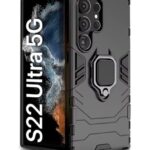 Shock Proof Back Case Mobile Cover for Samsung Galaxy S22 Ultra 5G | Back Cover Case (Tough Armor | Hybrid PC + TPU | Ring Holder & in-Built Kickstand | Black)