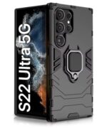 Shock Proof Back Case Mobile Cover for Samsung Galaxy S22 Ultra 5G | Back Cover Case (Tough Armor | Hybrid PC + TPU | Ring Holder & in-Built Kickstand | Black)