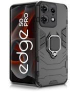 Shock Proof Back Case Mobile Cover for Motorola Moto Edge 50 Pro | Back Cover Case (Tough Armor | Hybrid PC + TPU | Ring Holder & in-Built Kickstand | Black)
