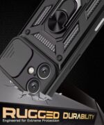 Tough Armor Bumper Mobile Back Case for iPhone 16 | Sliding Camera Shield Cover | Shock Proof 360? Protection | Hybrid PC + TPU | Ring Holder with Kickstand ? Black - Image 7