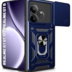 kelpuj Tough Armor Bumper Mobile Back Case for Realme GT 6T 5G | Realme GT 6 | Sliding Camera Shield Cover | Shock Proof 360? Protection | Hybrid PC + TPU | Ring Holder with Kickstand  Blue
