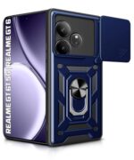 kelpuj Tough Armor Bumper Mobile Back Case for Realme GT 6T 5G | Realme GT 6 | Sliding Camera Shield Cover | Shock Proof 360? Protection | Hybrid PC + TPU | Ring Holder with Kickstand  Blue