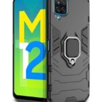 Shock Proof Back Case Mobile Cover for Samsung Galaxy F12 | A12 | M12 | Back Cover Case (Tough Armor | Hybrid PC + TPU | Ring Holder & in-Built Kickstand | Black)