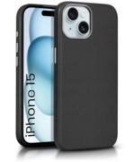 Back Cover for iPhone 15 | Shockproof Tough Leather Texture Hard Mobile Case | Ultra Slim Non-Slip Grip | Inner Velvet Fabric | Metal Camera Ring ? Black