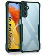 Shock Proof Clear Back Case Mobile Cover for Samsung Galaxy M14 5G (Hard | Hybrid PC + TPU | Full Armour Device & Camera Protection | Camo Green)