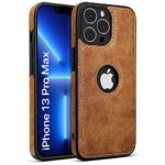 kelpuj Premium Vegan Leather Bumper Case | Compatible with Apple iPhone 13 Pro Max | Raised Edges | Ultra Slim Protective Design | Non-Slip Grip | Shockproof | Logo View Back Cover - Brown