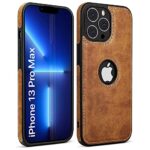 kelpuj Premium Vegan Leather Bumper Case | Compatible with Apple iPhone 13 Pro Max | Raised Edges | Ultra Slim Protective Design | Non-Slip Grip | Shockproof | Logo View Back Cover - Brown - Image 3