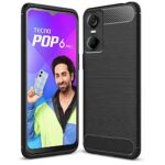 Ultra Slim Soft Rubberised Back Cover for Tecno POP 6 Pro | Shock Proof Brushed Carbon Fibre Texture Silicone Flexible Camera Protection Back Case - Black
