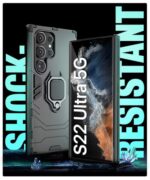 Shock Proof Back Case Mobile Cover for Samsung Galaxy S22 Ultra 5G | Back Cover Case (Tough Armor | Hybrid PC + TPU | Ring Holder & in-Built Kickstand | Black) - Image 5