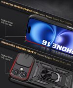 Tough Armor Bumper Mobile Back Case for iPhone 16 | Sliding Camera Shield Cover | Shock Proof 360? Protection | Hybrid PC + TPU | Ring Holder with Kickstand ? Black - Image 8
