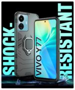 Shock Proof Back Case Mobile Cover for Vivo Y77 5G | Back Cover Case (Tough Armor | Hybrid PC + TPU | Ring Holder & in-Built Kickstand | Black) - Image 3