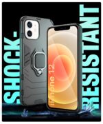 kelpuj Shock Proof Back Case Mobile Cover for Apple iPhone 12 (Armor | Hybrid PC + TPU | Full Protection with Ring Holder Kickstand | Carbon Black) - Image 4