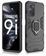 Shock Proof Back Case Mobile Cover for Realme 9I 4G | Back Cover Case (Tough Armor | Hybrid PC + TPU | Ring Holder & in-Built Kickstand | Black) - Image 2