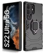 Shock Proof Back Case Mobile Cover for Samsung Galaxy S22 Ultra 5G | Back Cover Case (Tough Armor | Hybrid PC + TPU | Ring Holder & in-Built Kickstand | Black) - Image 2