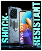 Shock Proof Back Case Mobile Cover for Vivo Y35 | Back Cover Case (Tough Armor | Hybrid PC + TPU | Ring Holder & in-Built Kickstand | Blue) - Image 3