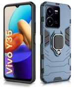 Shock Proof Back Case Mobile Cover for Vivo Y35 | Back Cover Case (Tough Armor | Hybrid PC + TPU | Ring Holder & in-Built Kickstand | Blue) - Image 2
