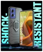 Shock Proof Back Case Mobile Cover for Motorola Moto G85 5G | Back Cover Case (Tough Armor | Hybrid PC + TPU | Ring Holder & in-Built Kickstand | Black) - Image 4
