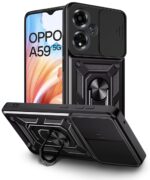 kelpuj Tough Armor Bumper Mobile Back Case for Oppo A59 5G | Sliding Camera Shield Cover | Shock Proof 360? Protection | Hybrid PC + TPU | Ring Holder with Kickstand  Black - Image 4
