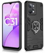 Shock Proof Back Case Mobile Cover for Realme C31 (Armor | Hybrid PC + TPU | Full Protection with Ring Holder Kickstand | Carbon Black) - Image 2