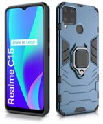 Shock Proof Back Case Mobile Cover for Realme C15 | Back Cover Case (Tough Armor | Hybrid PC + TPU | Ring Holder & in-Built Kickstand | Blue) - Image 2